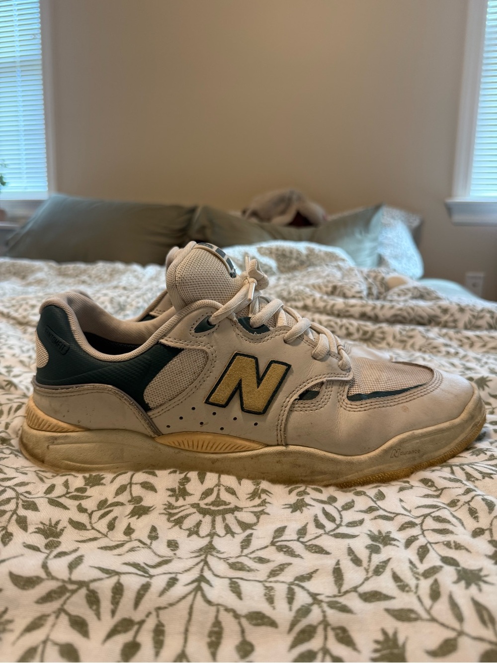New Balance Cream and Green Low-Top Sneakers with Yellow 'N'